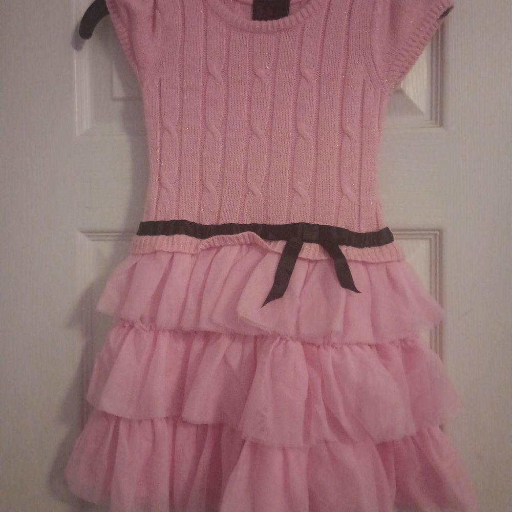 Pink Knit Bodice Tiered Tulle Dress with Ribbon Waist for Girls